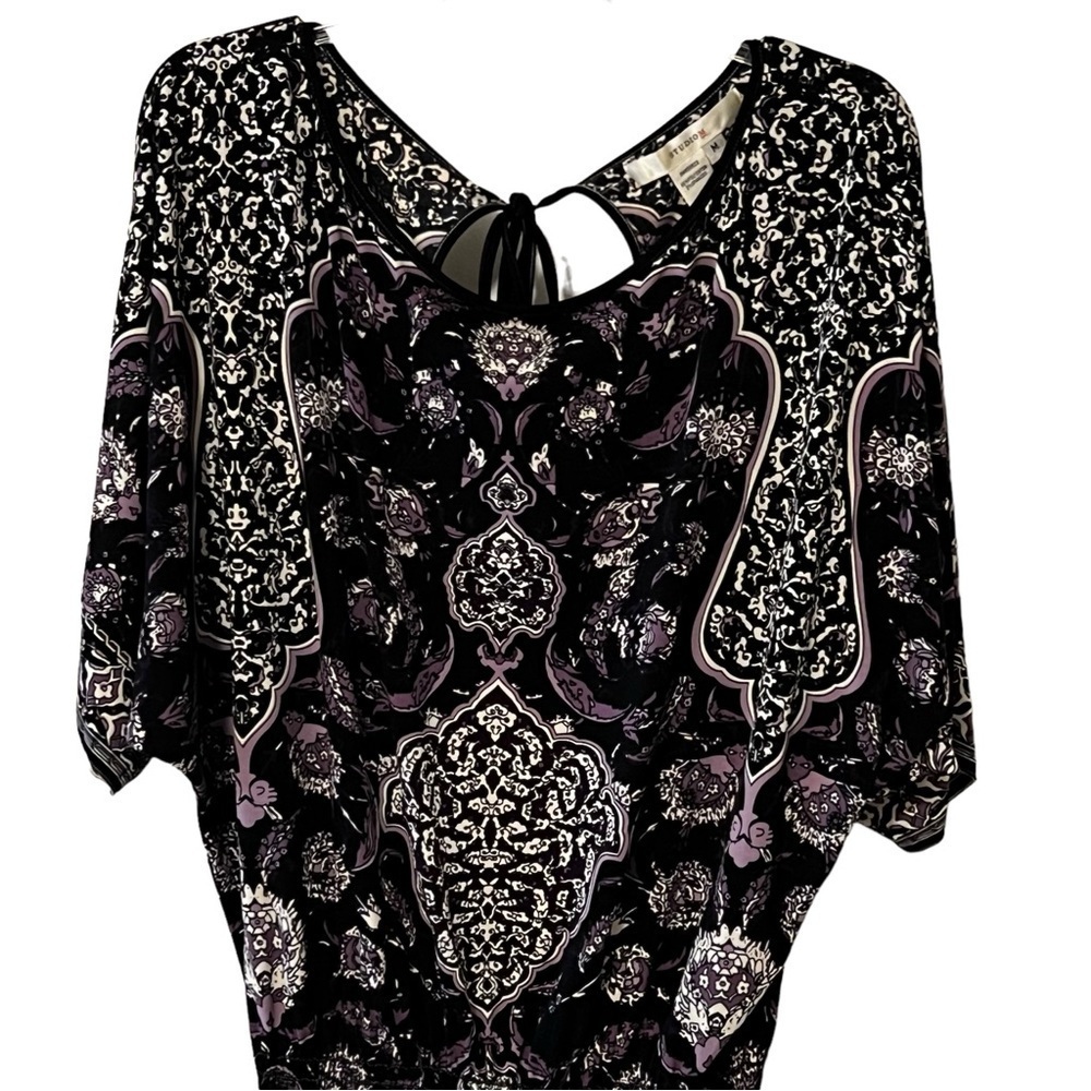 Studio M Elaborate Purple Floral Tie-back Loose Sleeve Dress Size M Smocked - Picture 4 of 16